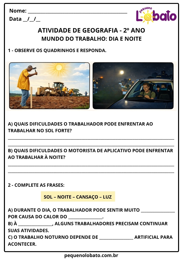 Atividade de Geografia 2º Ano Mundo do Trabalho Dia e Noite EF02GE06