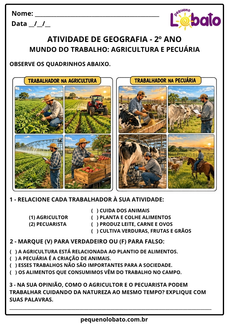 Atividade de Geografia 2º Ano - Mundo do Trabalho na Agricultura e Pecuária, Funções e Produção de Alimentos EF02GE07