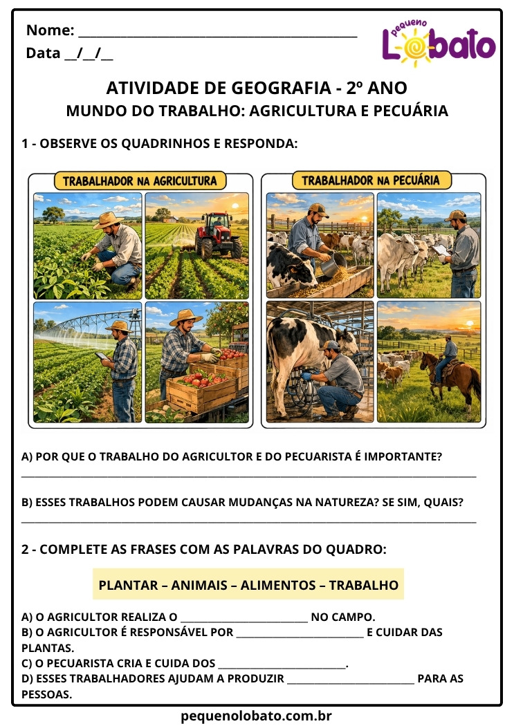 Atividade de Geografia 2º Ano - Mundo do Trabalho na Agricultura e Pecuária, Produção de Alimentos EF02GE07