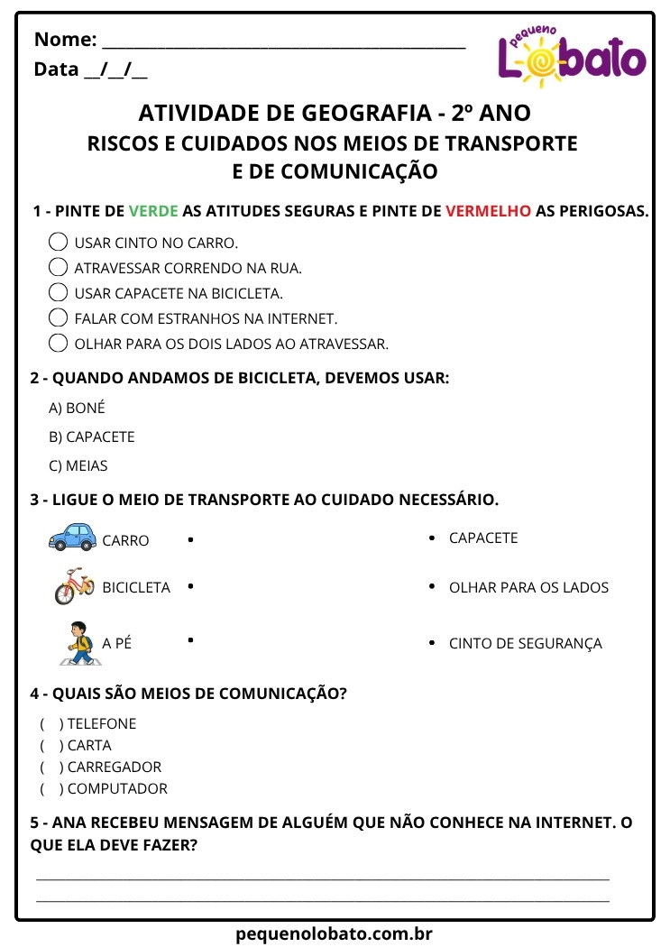 Atividade de Geografia 2º Ano Riscos e Cuidados nos Meios de Transporte e de Comunicação
