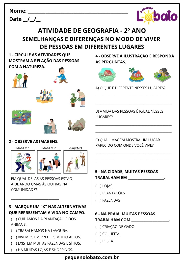 Atividade de Geografia 2º Ano - Semelhanças e Diferenças no Modo de Viver em Diferentes Lugares