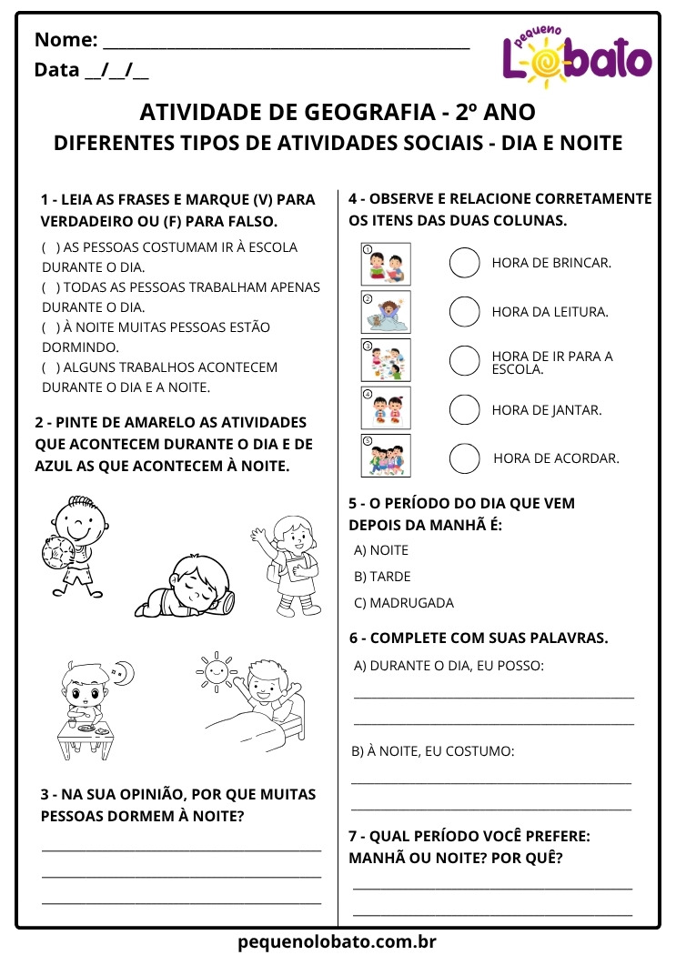 Atividade de Geografia 2º Ano sobre Diferentes Tipos de Atividades Sociais no Dia e na Noite com Pintura, Relacione
