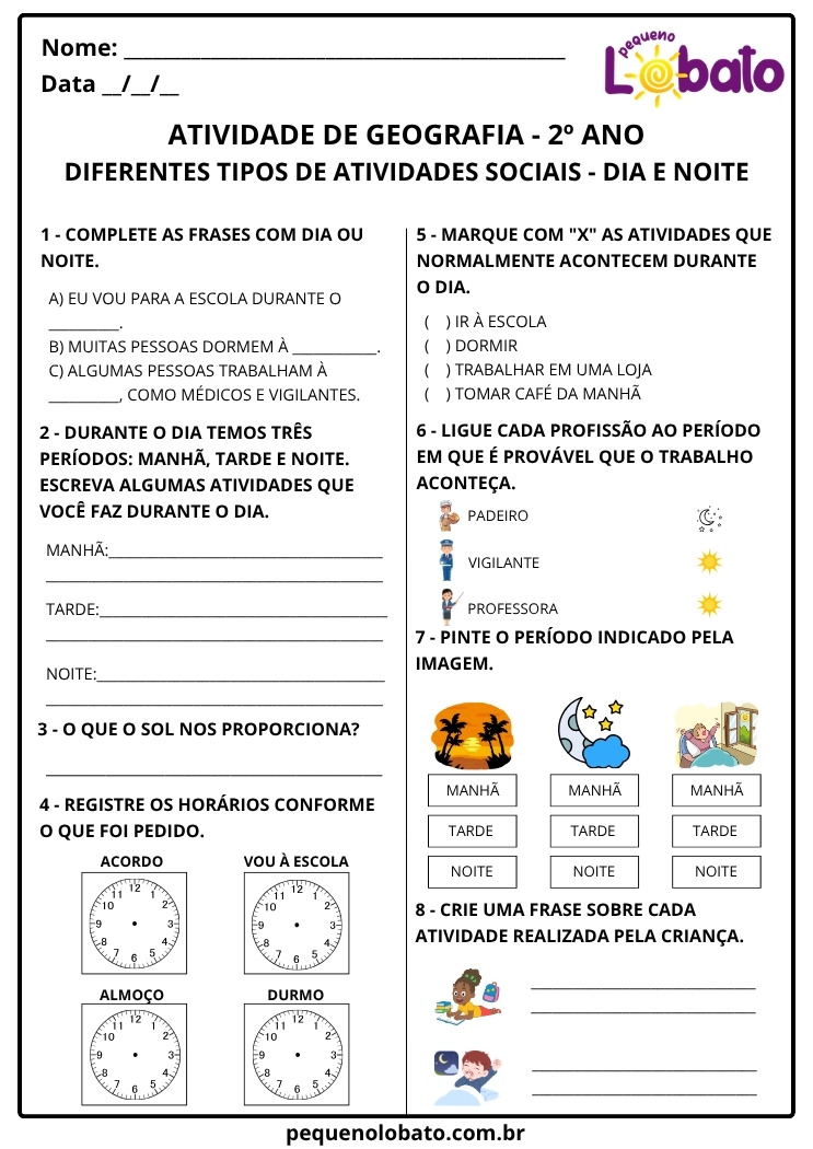 Atividade de Geografia 2º Ano sobre Diferentes Tipos de Atividades Sociais no Dia e na Noite segundo a BNCC EF02GE06