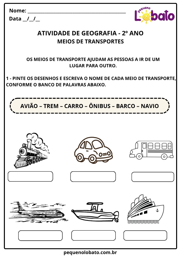 Atividade de Geografia 2º Ano sobre Meios de Transporte com Pintura