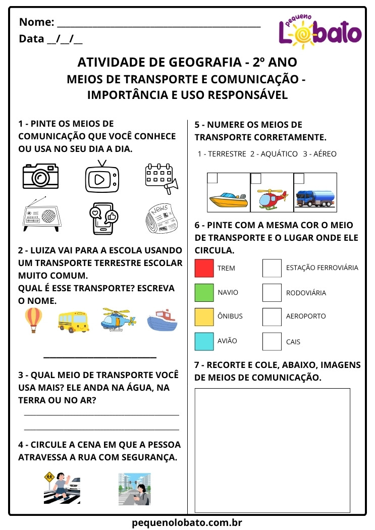 Atividade de Geografia 2º Ano sobre Meios de Transporte e de Comunicação - Importância e Uso Responsável