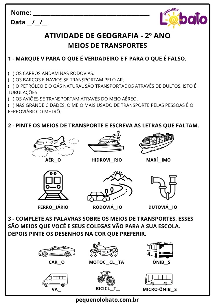 Atividade de Geografia 2º Ano sobre Meios de Transporte para Imprimir