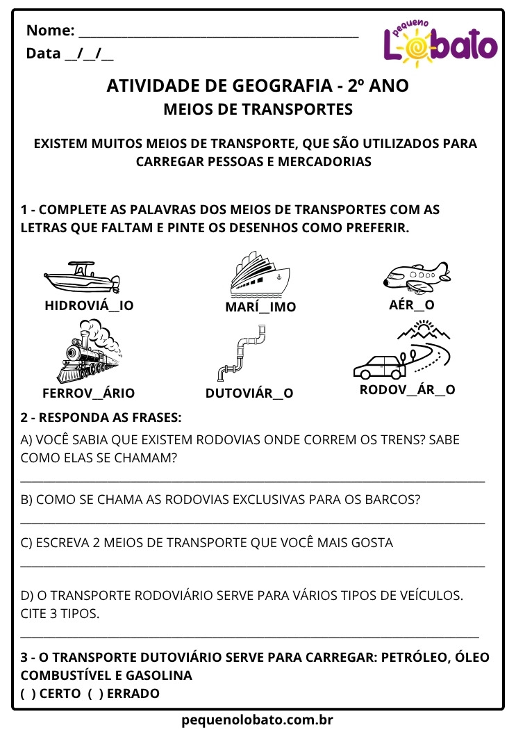 Atividade de Geografia 2º Ano sobre Meios de Transporte