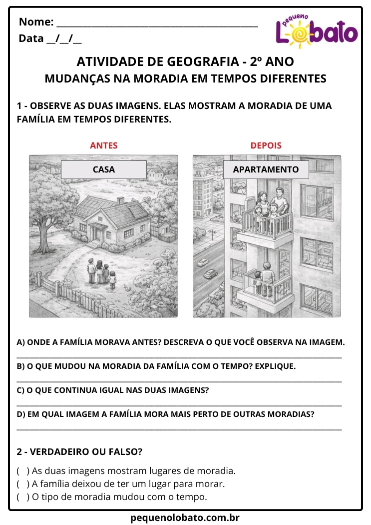 Atividade de Geografia 2º Ano sobre Mudanças na Moradia – Casa e Apartamento