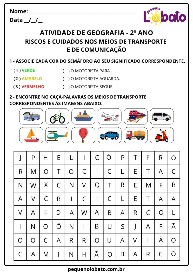 Atividade de Geografia 2º Ano sobre Riscos e Cuidados nos Meios de Transporte e de Comunicação com Caça-palavras