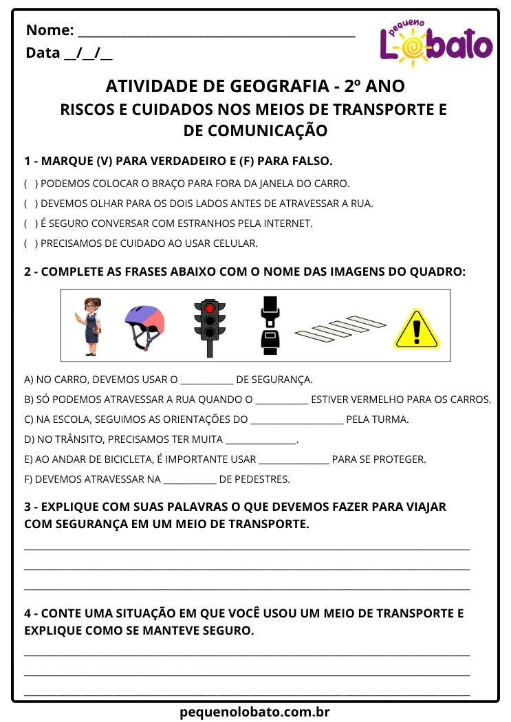 Atividade de Geografia 2º Ano sobre Riscos e Cuidados nos Meios de Transporte e de Comunicação para Imprimir