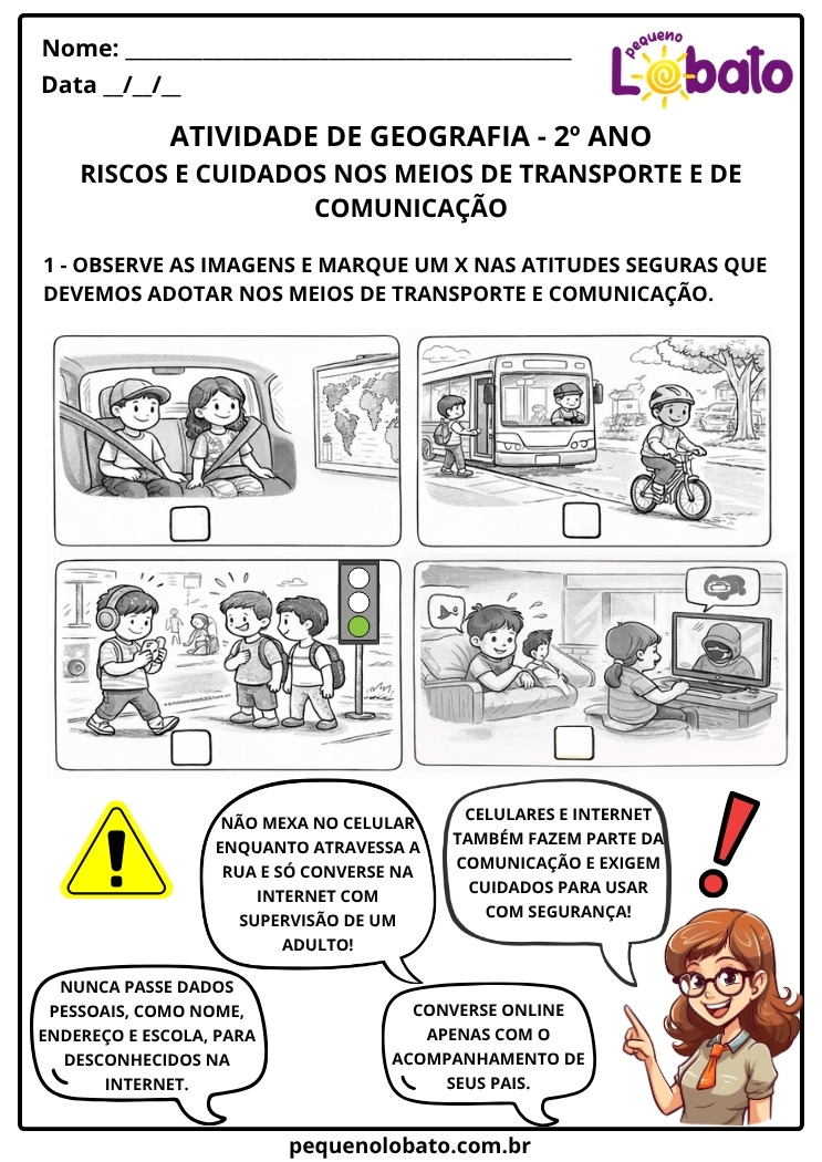 Atividade de Geografia 2º Ano sobre Riscos e Cuidados nos Meios de Transporte e de Comunicação