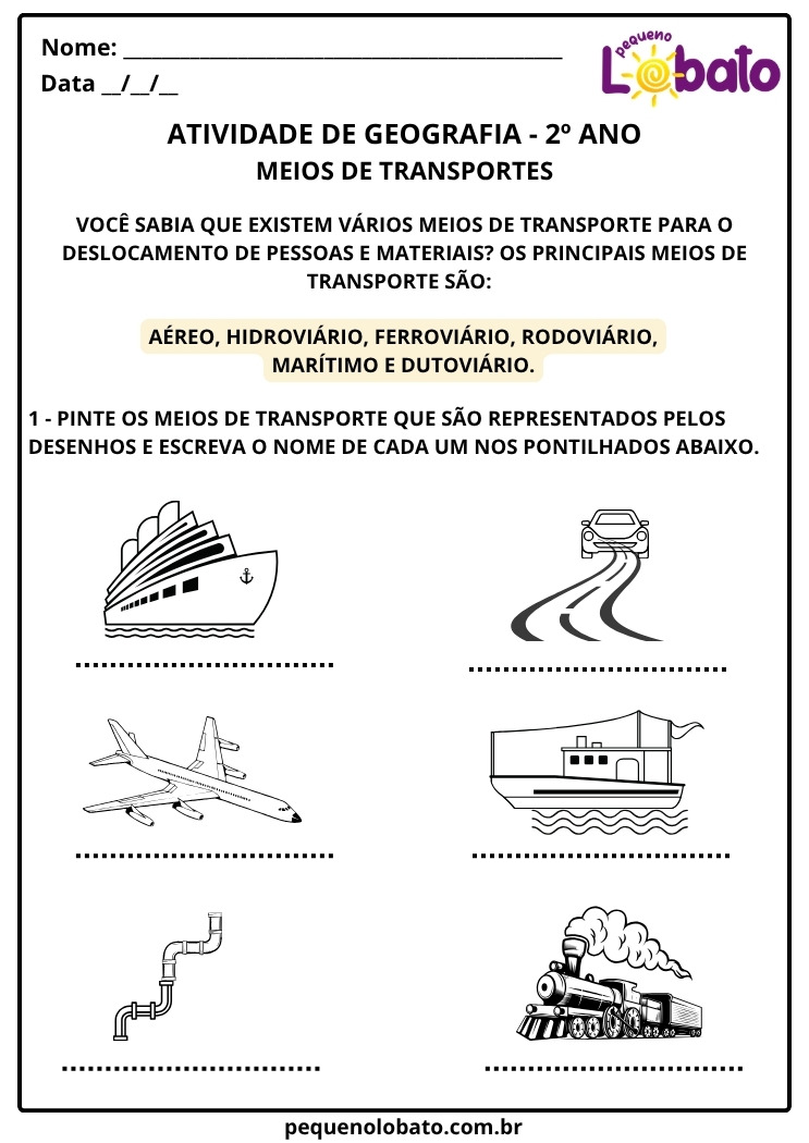 Atividade de Geografia 2º Ano sobre Transporte Aéreo, Hidroviário, Ferroviário, Rodoviário, Marítimo e Dutoviário