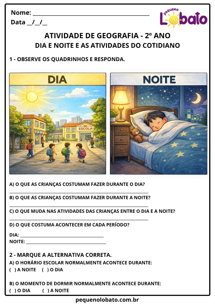 Atividade de Geografia 2º Ano sobre as Atividades do Cotidiano de Dia e de Noite com Imagens Comparativas