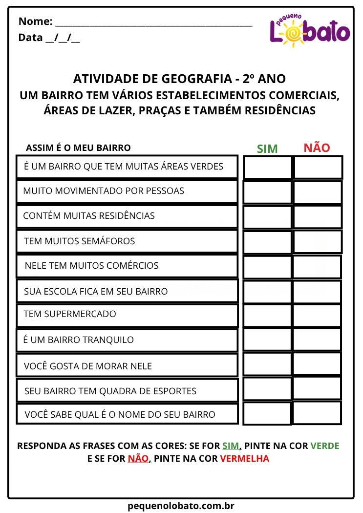 Atividade de Geografia 2º Ano sobre características do bairro e convivência na comunidade para imprimir