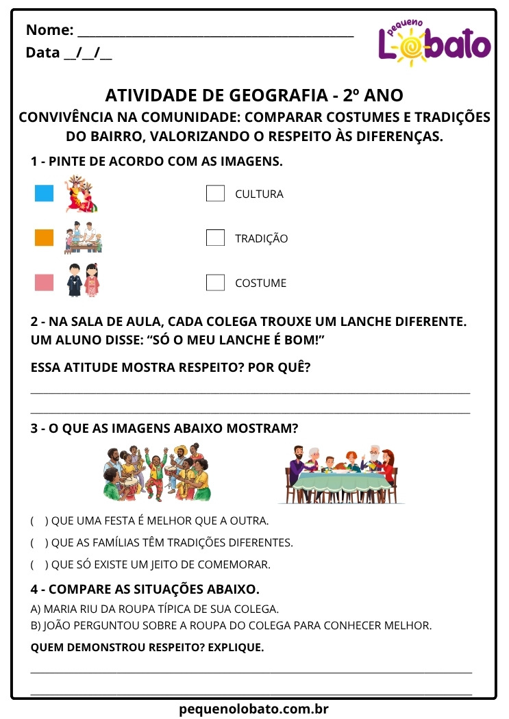 Atividade de Geografia 2º Ano sobre cultura, tradição e costumes na comunidade para imprimir