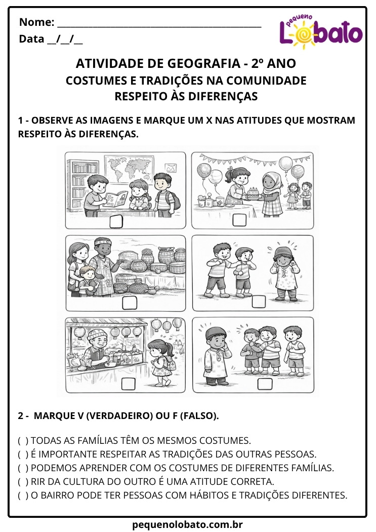 Atividade de Geografia 2º Ano sobre respeito às diferenças e costumes na comunidade para imprimir