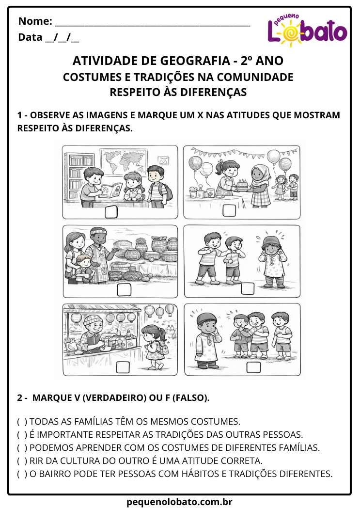 Atividade de Geografia 2º Ano – Costumes e Tradições na Comunidade Respeito às Diferenças segundo a BNCC