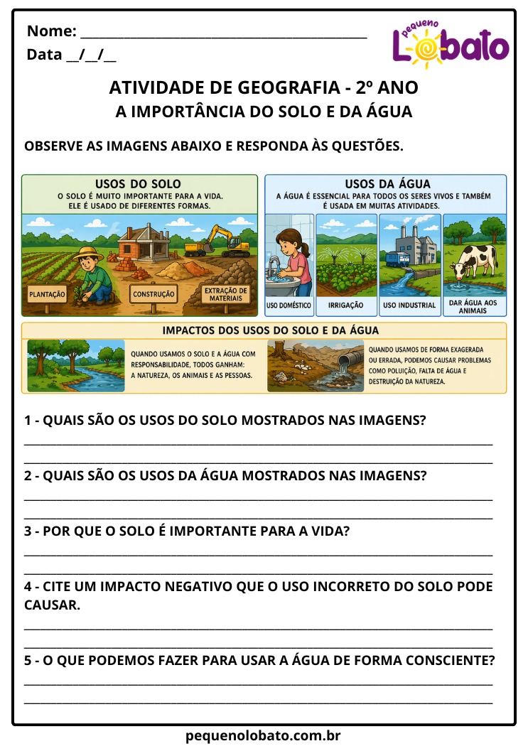 Atividade de Geografia 2º Ano – Importância do Solo e da Água no Campo e na Cidade segundo à BNCC (EF02GE11)