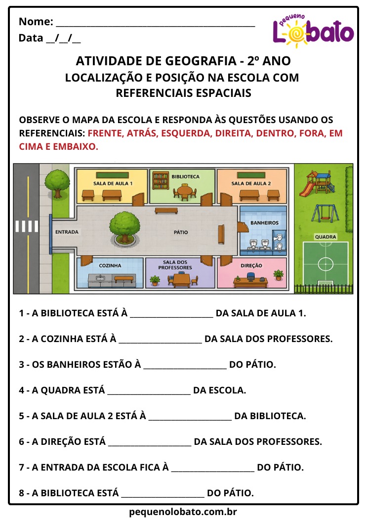 Atividade de Geografia 2º Ano – Localização e Posição na Escola com Referenciais Espaciais para Imprimir
