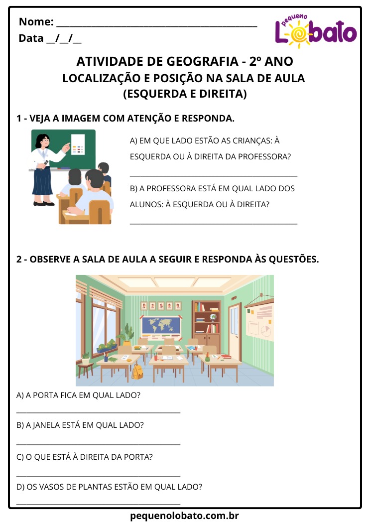 Atividade de Geografia 2º Ano – Localização e Posição na Sala de Aula para Imprimir
