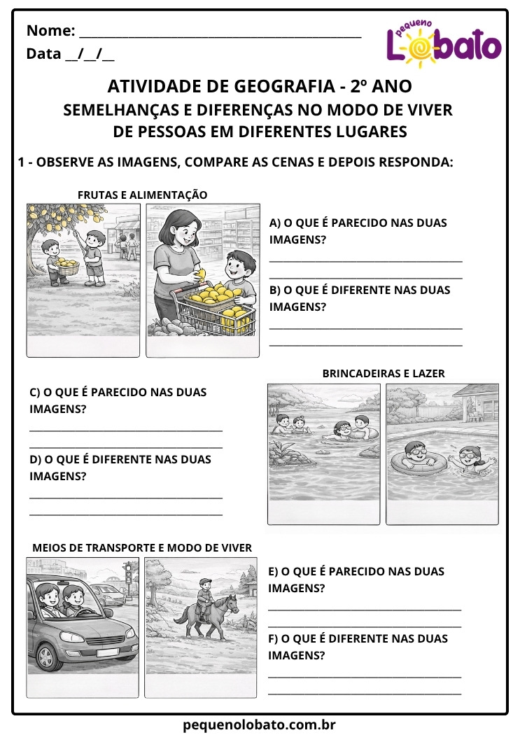 Atividade de Geografia 2º Ano – Semelhanças e Diferenças na Alimentação, Lazer e Transportes