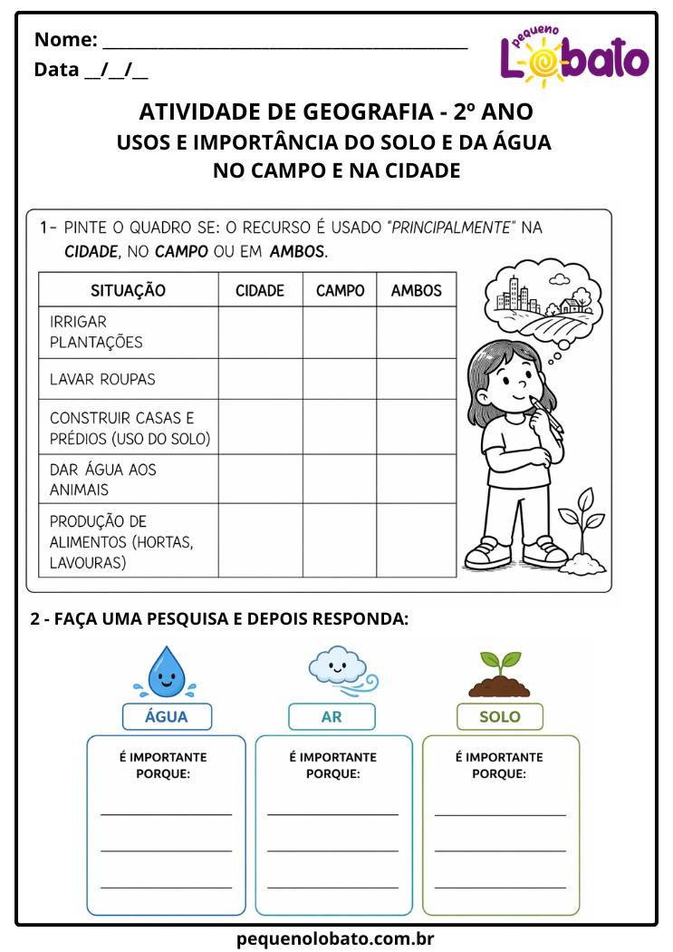 Atividades de Geografia 2º Ano – Solo e Água: Usos, Importância e Impactos no Campo e na Cidade segundo à BNCC (EF02GE11)
