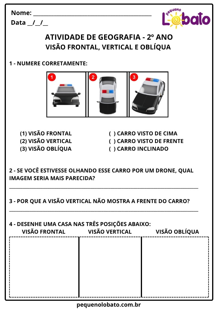Atividade de Geografia 2º Ano – Visão Frontal, Vertical e Oblíqua EF02GE09
