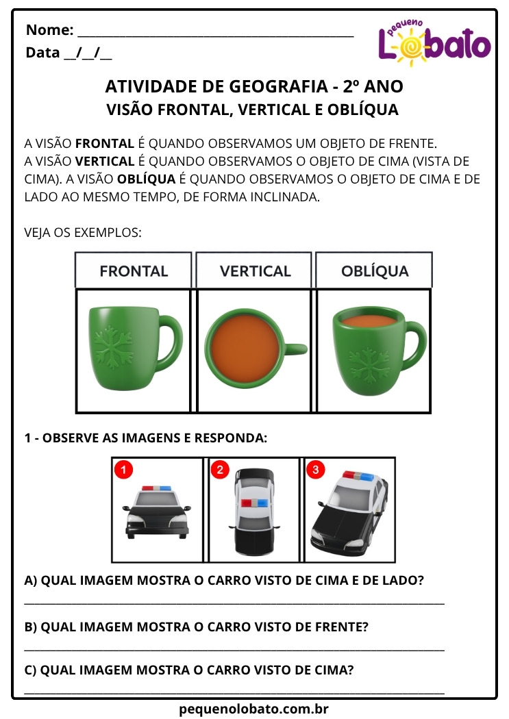 Atividade de Geografia 2º Ano – Visão Frontal, Vertical e Oblíqua com Exemplos para Imprimir