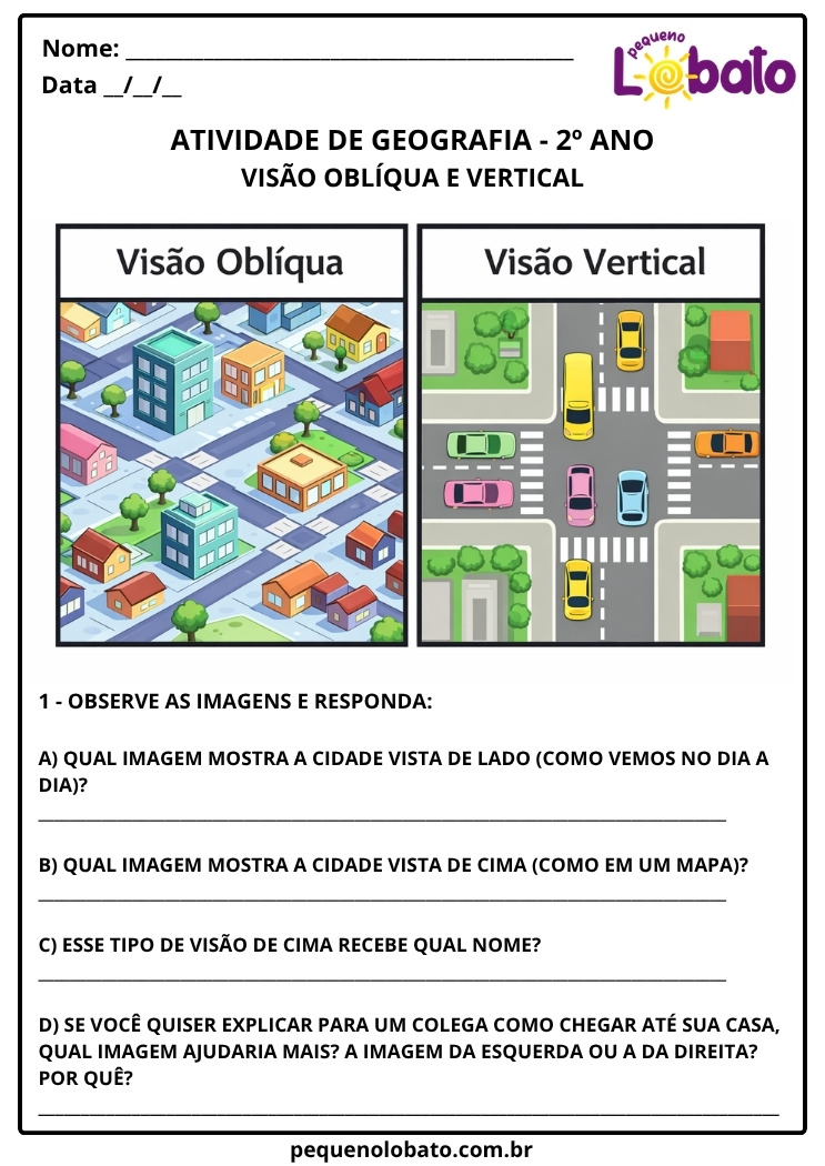 Atividade de Geografia 2º Ano – Visão Oblíqua e Vertical para Imprimir