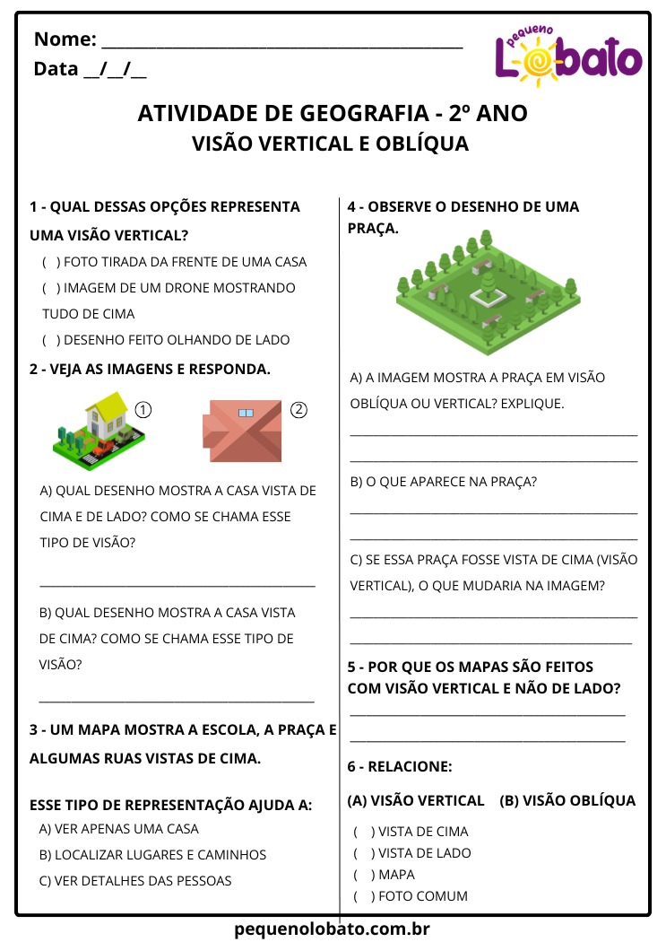 Atividade de Geografia 2º Ano – Visão Vertical e Oblíqua para Imprimir