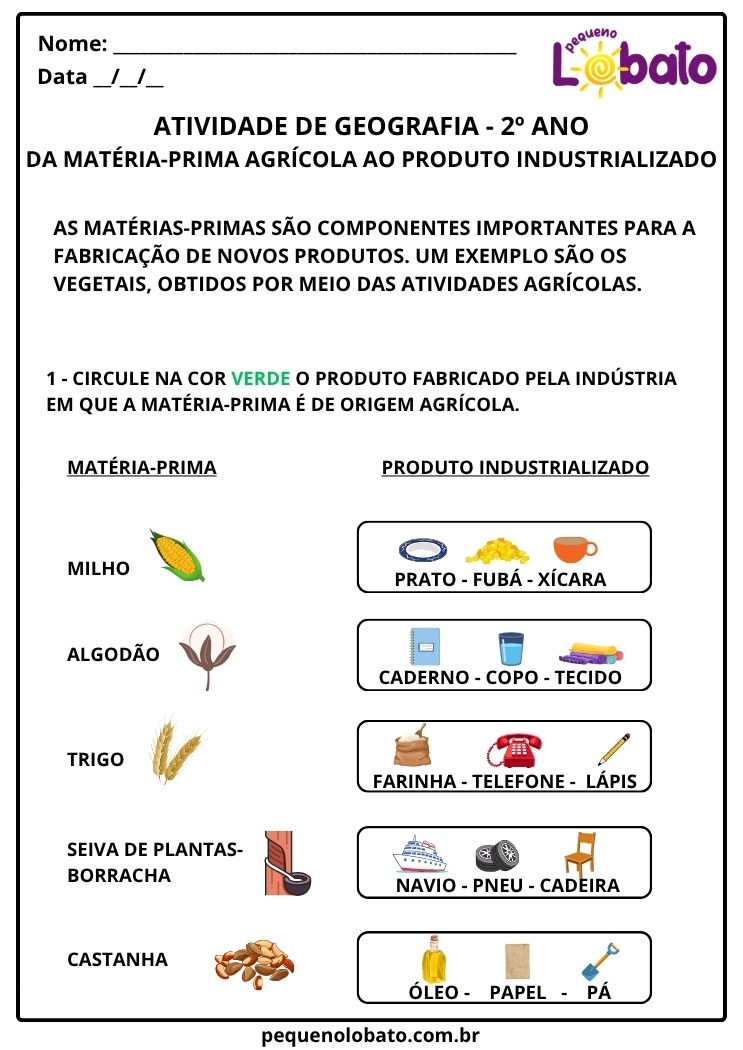 Atividade de Geografia 2º ano Da Matéria-Prima Agrícola ao Produto Industrializado