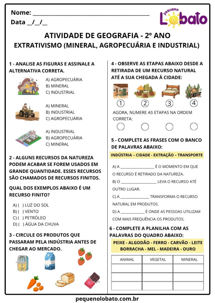 Atividades de Geografia 2º ano - Atividades Extrativas (Minerais ...