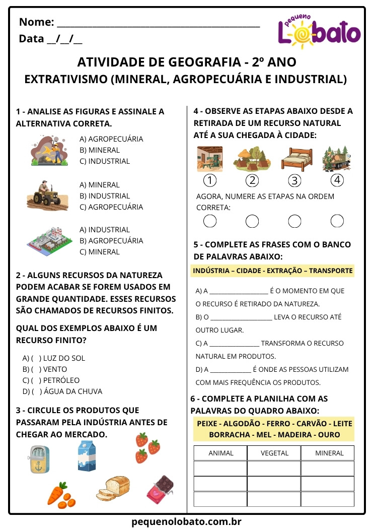 Atividade de Geografia 2º ano - Extrativismo Mineral, Industrial e Animal