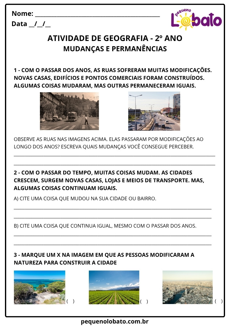 Atividade de Geografia 2º ano com comparação entre rua antiga e rua atual para analisar mudanças e permanências no mesmo lugar em diferentes tempos