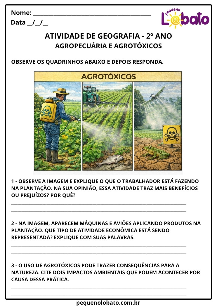 Atividade de Geografia 2º ano sobre a Agropecuária e Agrotóxicos para imprimir