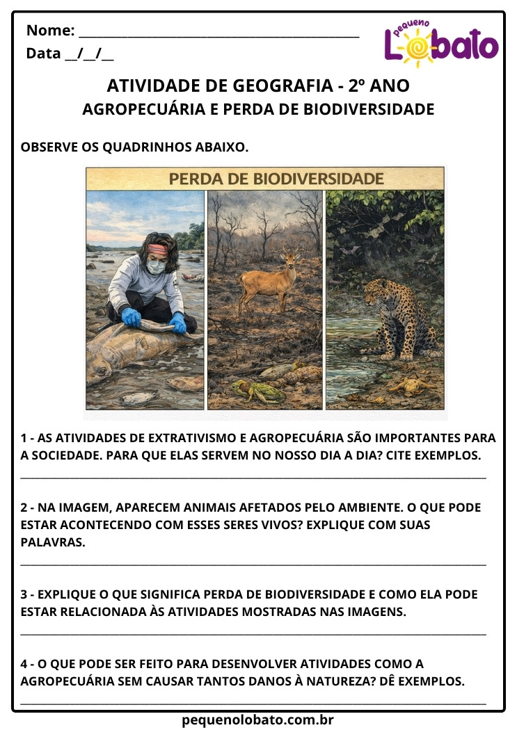 Atividade de Geografia 2º ano sobre a Agropecuária e Perda da Biodiversidade para imprimir