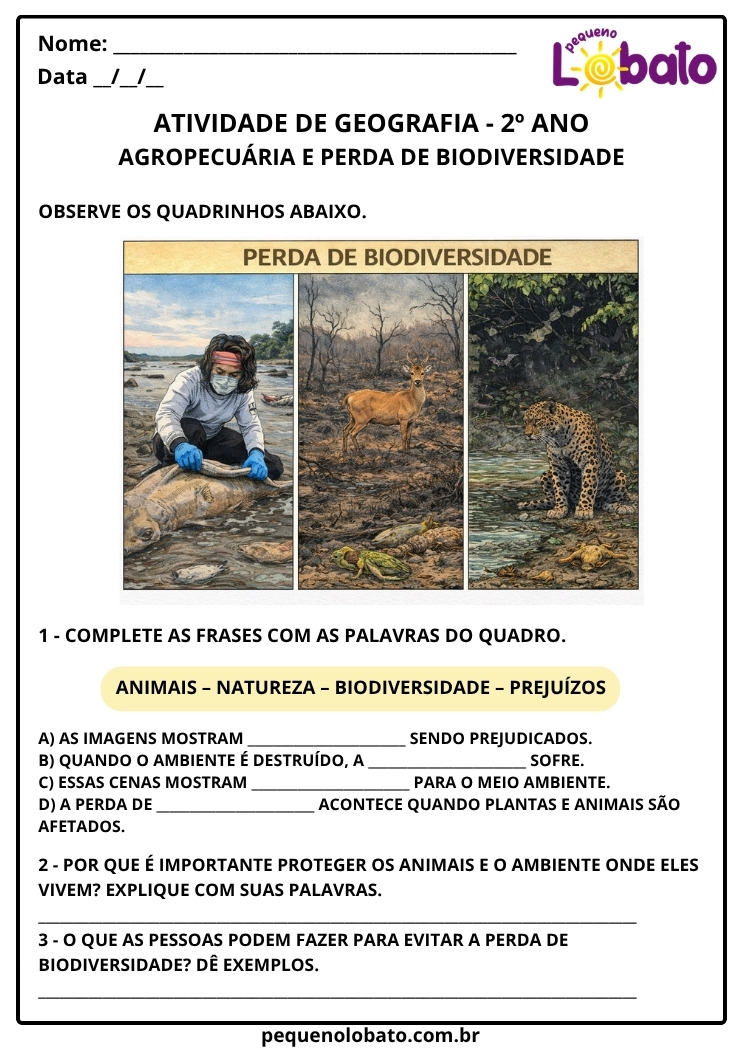 Atividade de Geografia 2º ano sobre a Agropecuária e Perda da Biodiversidade