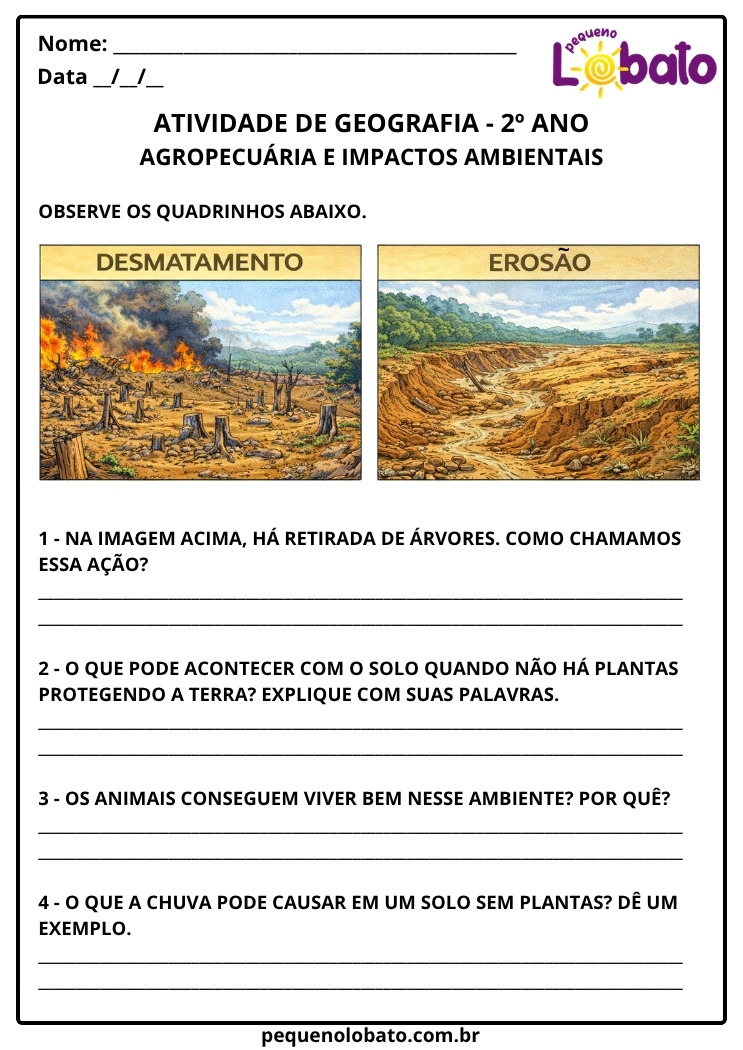 Atividade de Geografia 2º ano sobre a Agropecuária e seus Impactos Ambientais Desmatamento e Erosão para imprimir
