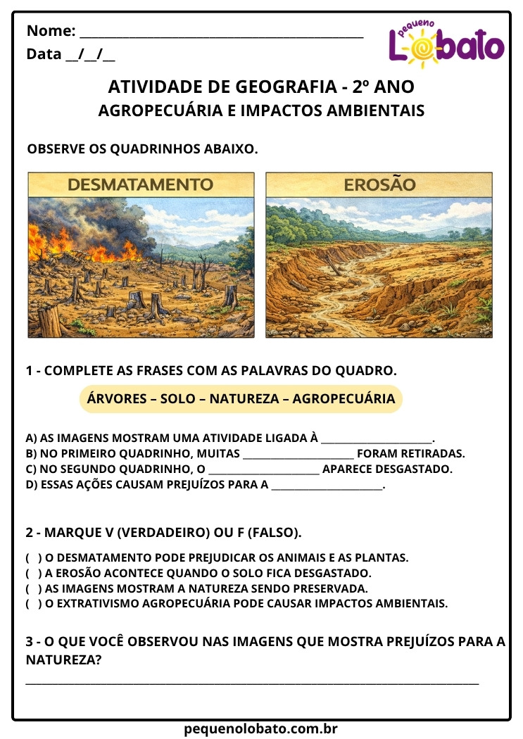 Atividade de Geografia 2º ano sobre a Agropecuária e seus Impactos Ambientais - Desmatamento e Erosão