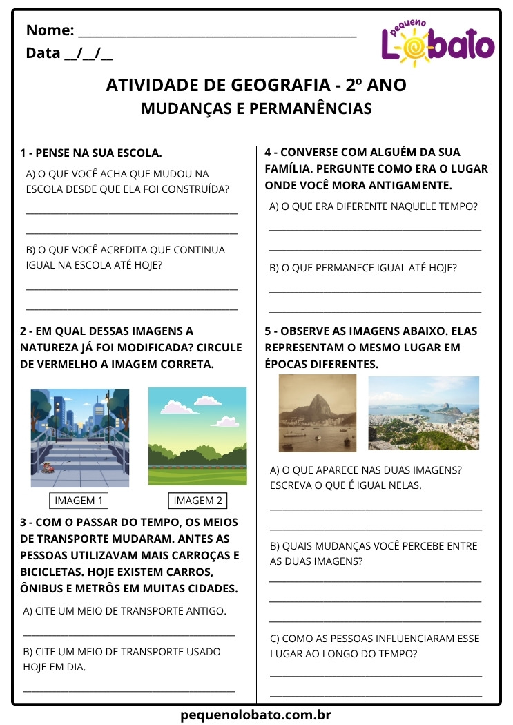 Atividade de Geografia 2º ano sobre mudanças e permanências com questões sobre escola, natureza modificada e comparação de imagens do mesmo lugar