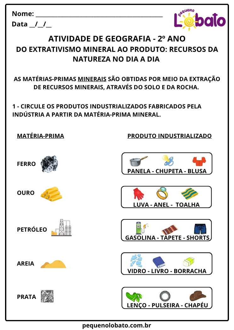 Atividade de Geografia 2º ano – Da Natureza ao Produto - Transformação dos Recursos Naturais segundo a BNCC