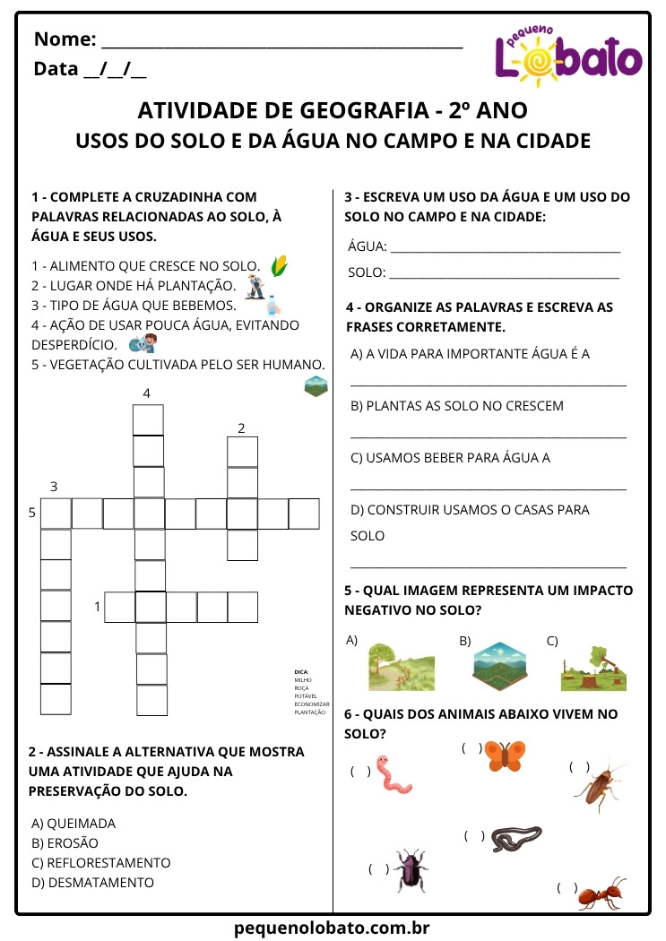 Atividades de Geografia 2º Ano – Usos do Solo e da Água no Campo e na Cidade EF02GE11