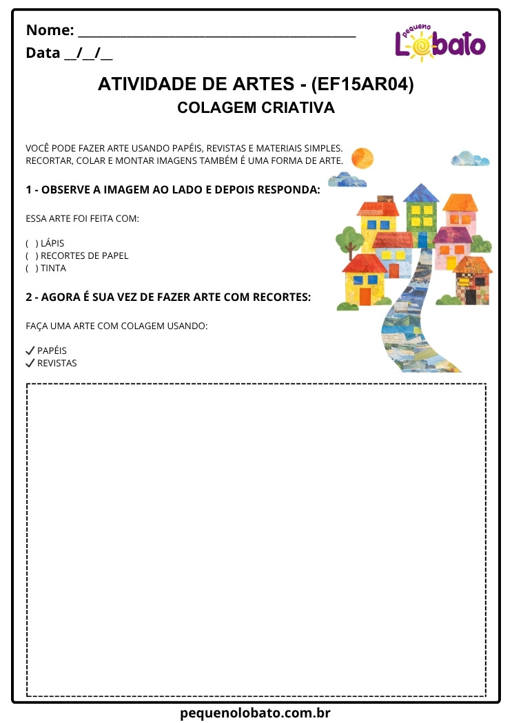 Atividade de Arte 1º ao 5º Ano sobre Colagem Criativa nas Artes Visuais (EF15AR04)