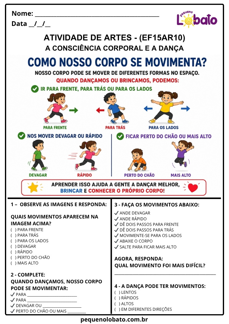 Atividade de Arte 1º ao 5º Ano sobre Consciência Corporal, Direções e Ritmos na Dança (EF15AR10)