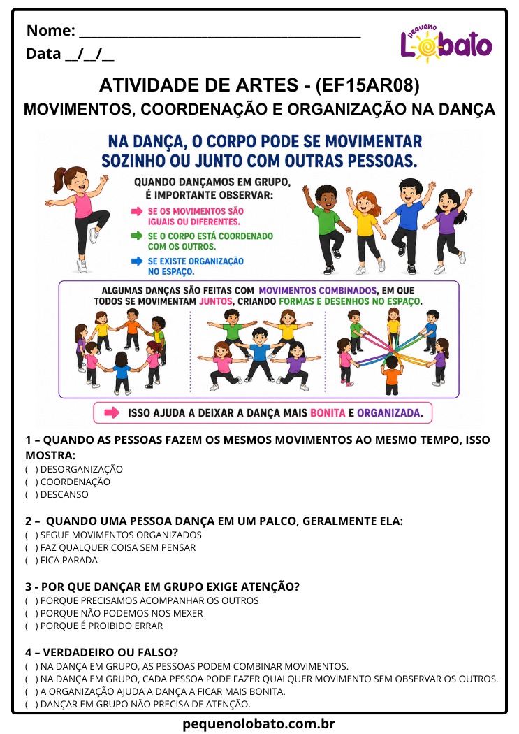 Atividade de Arte 1º ao 5º Ano sobre Coordenação e Organização dos Movimentos na Dança (EF15AR08)