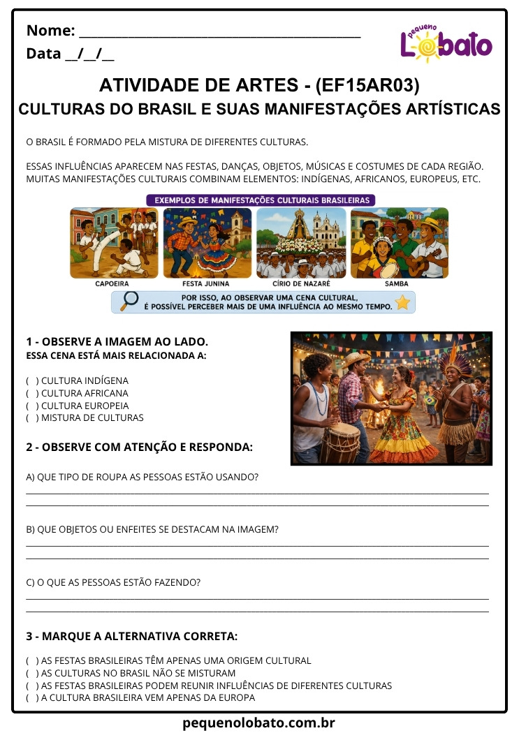 Atividade de Arte 1º ao 5º Ano sobre Artes de Diferentes Culturas nas Artes Visuais (EF15AR03)