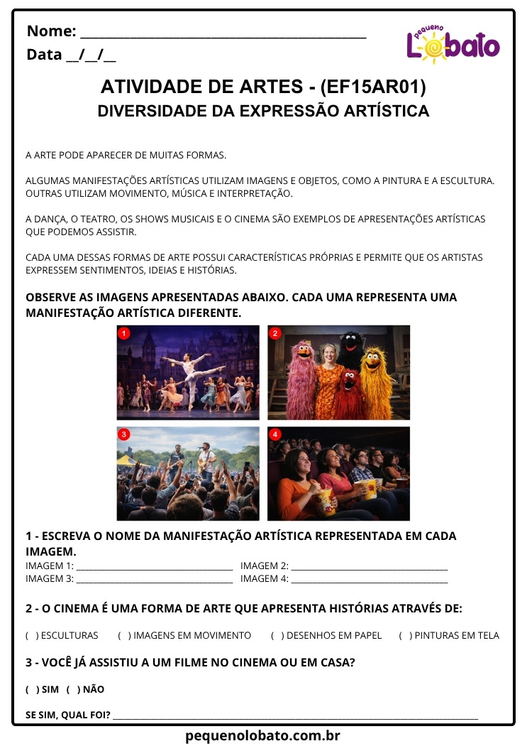 Atividade de Arte 1º ao 5º Ano sobre Diferentes Manifestações das Artes Visuais (EF15AR01)