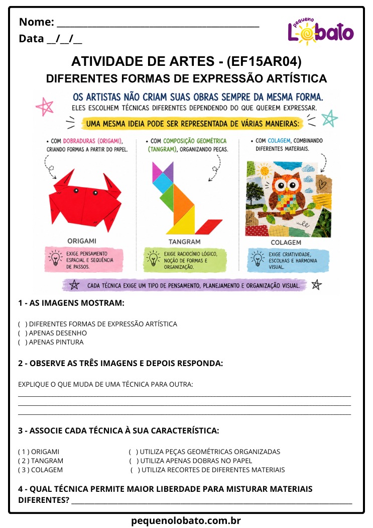 Atividade de Arte 1º ao 5º Ano sobre Diferentes Técnicas de Expressão Artística nas Artes Visuais (EF15AR04)