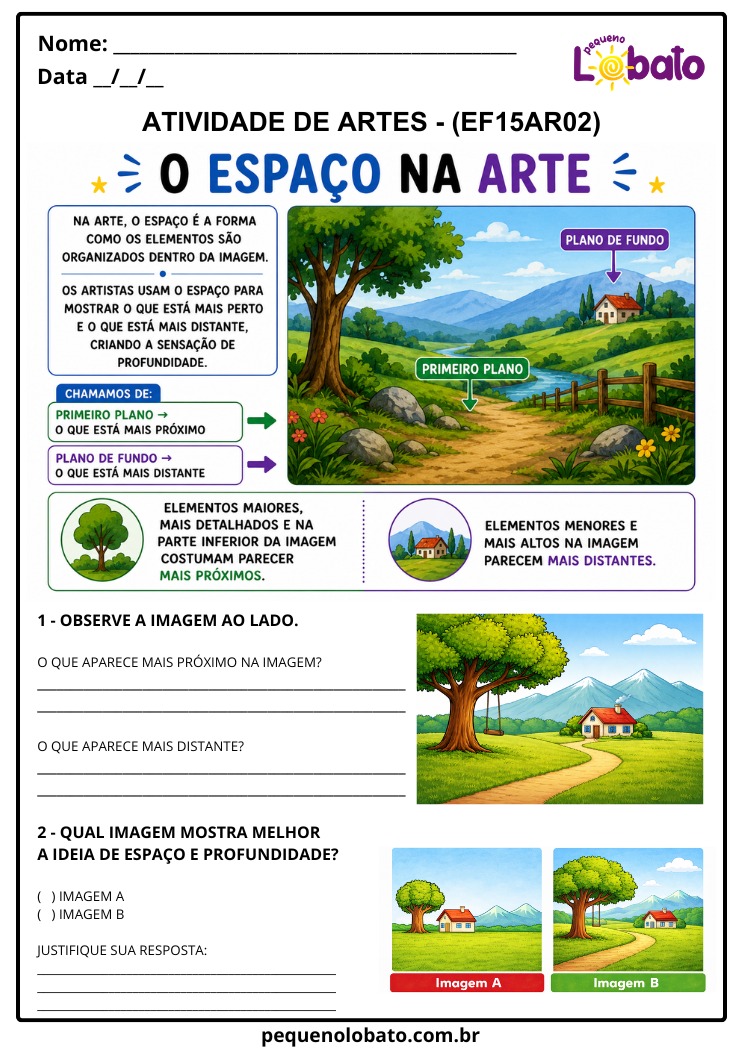 Atividade de Arte 1º ao 5º Ano sobre Espaço e Profundidade nas Artes Visuais (EF15AR02)