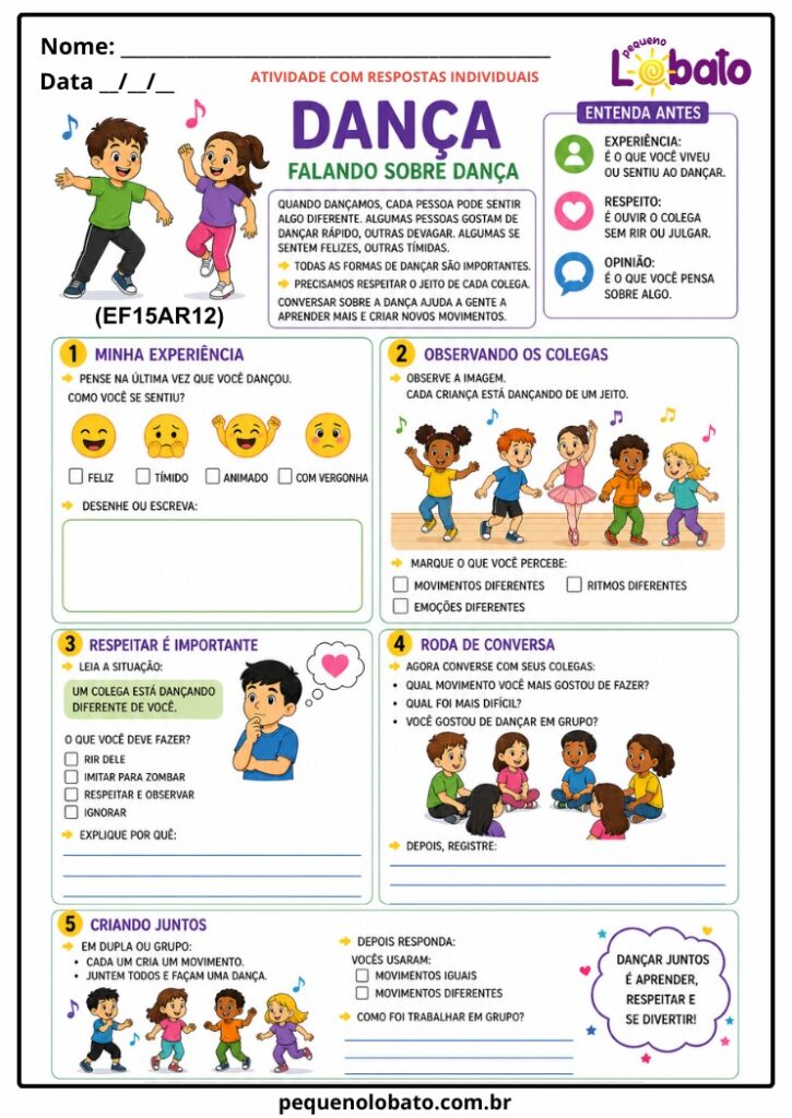 Atividade de Arte 1º ao 5º Ano sobre Experiências, Respeito e Opiniões na Dança (EF15AR12)